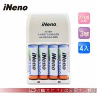 日本技研iNeno艾耐諾LED四插槽充電器附三號鎳氫充電電池4入