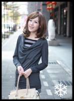 韓國keithwill英國時尚雙色垂領長版上衣-黑灰