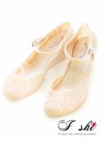 《I-shi》甜美系．鏤空蕾絲花朵釦帶果凍楔型鞋 粉
