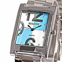 Bethoven 日光時尚-四方格大數字款腕錶（粉藍）