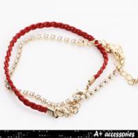 A+ accessories 情人結-時尚桃花紅線晶鑽手鍊 紅色+金黃色