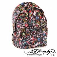 《ED Hardy》印花經典刺青圖騰雙層中背包-黑色