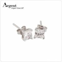 【ARGENT銀飾】單鑽系列「簡約方鑽 白鑽 白K金 」 純銀耳環