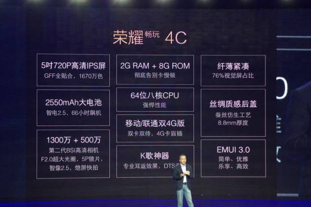 華為榮耀在 GMIC 峰會發表新一代超值機種榮耀暢玩 4C ，雙 4G 版本訂於 999 人民幣